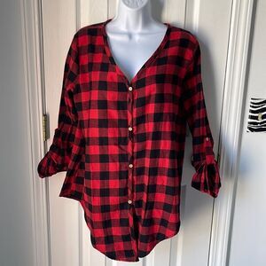 Plaid cuffed sleeves button down shirt